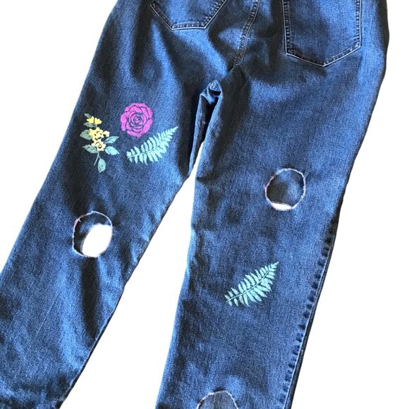Upcycled Sonoma Jeans w/Cut-Outs, Painted Flower Funky Pants, Size 16 Short - Picture 5 of 15